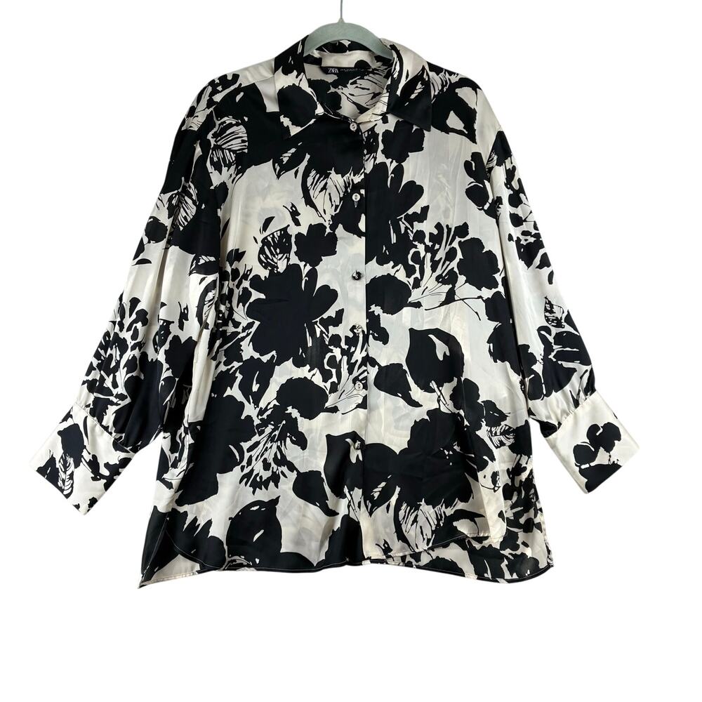 Zara Long Sleeve Floral Print Blouse Women's Medium Black Ivory Classic Feminine